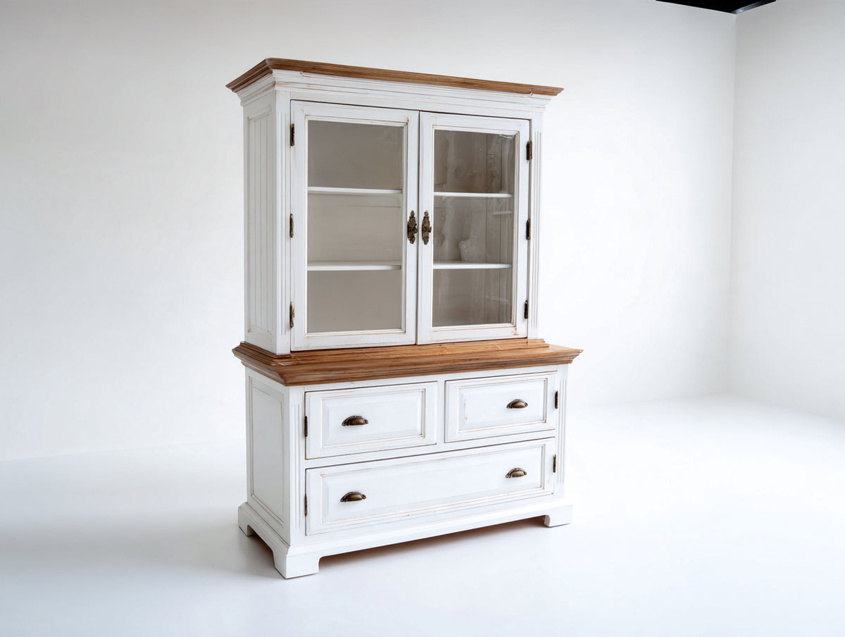 Vetrina-Legno-Vetro-125x45x190 cm-Bianco-Marrone-Stile classico