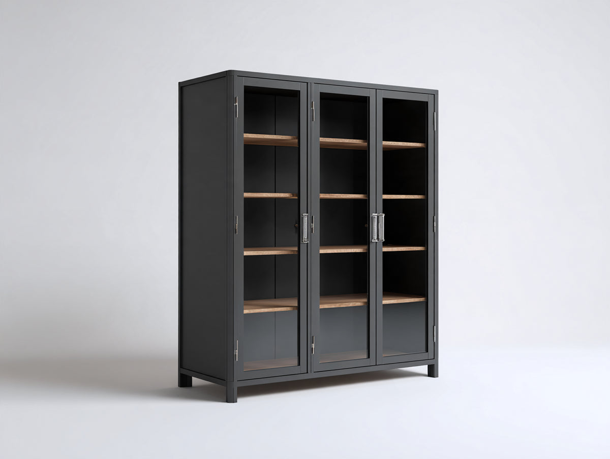 Vetrina-Metallo-Vetro-Legno-150x40x180 cm-Nero-Marrone-Stile moderno industriale