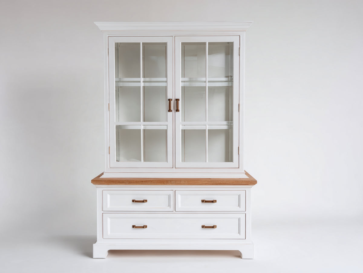 Vetrina-Legno-Vetro-130x45x195 cm-Bianco-Marrone-Stile classico