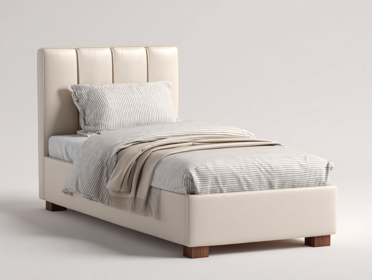 Letto singolo-Pelle sintetica-200x90x110 cm-Beige-Moderno imbottito