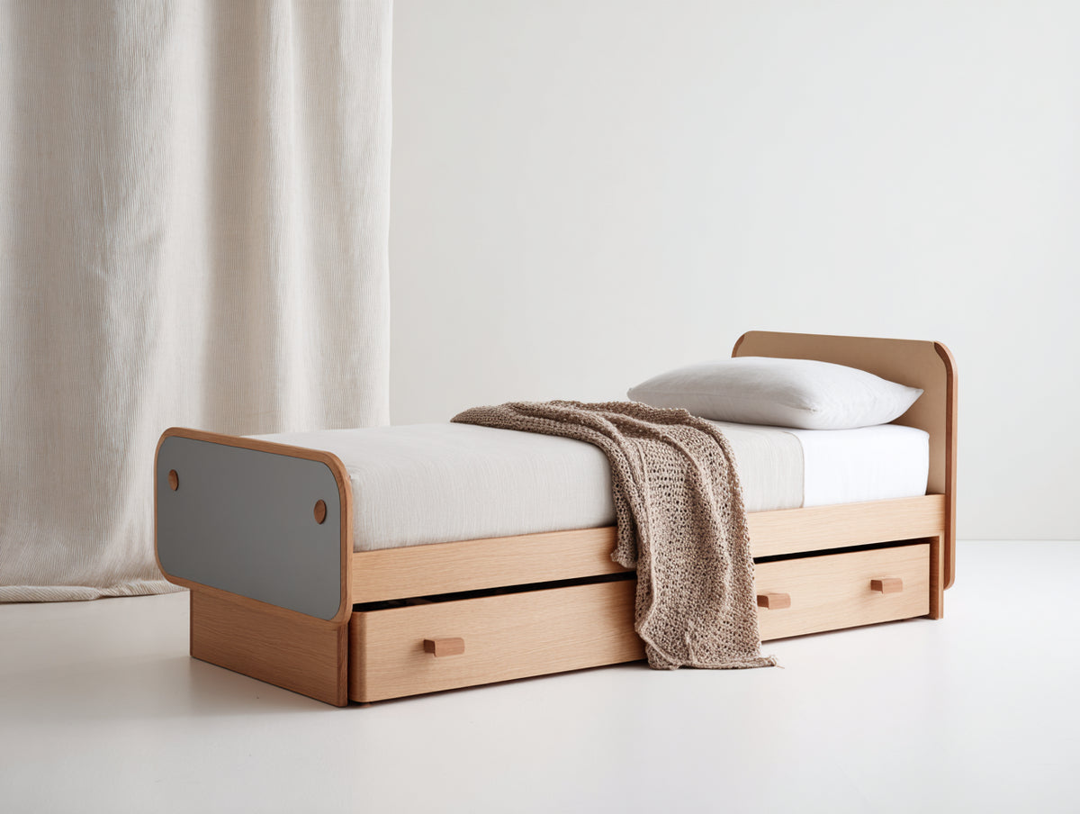 Letto singolo-Legno-200x90x80 cm-Naturale-Moderno con contenitore